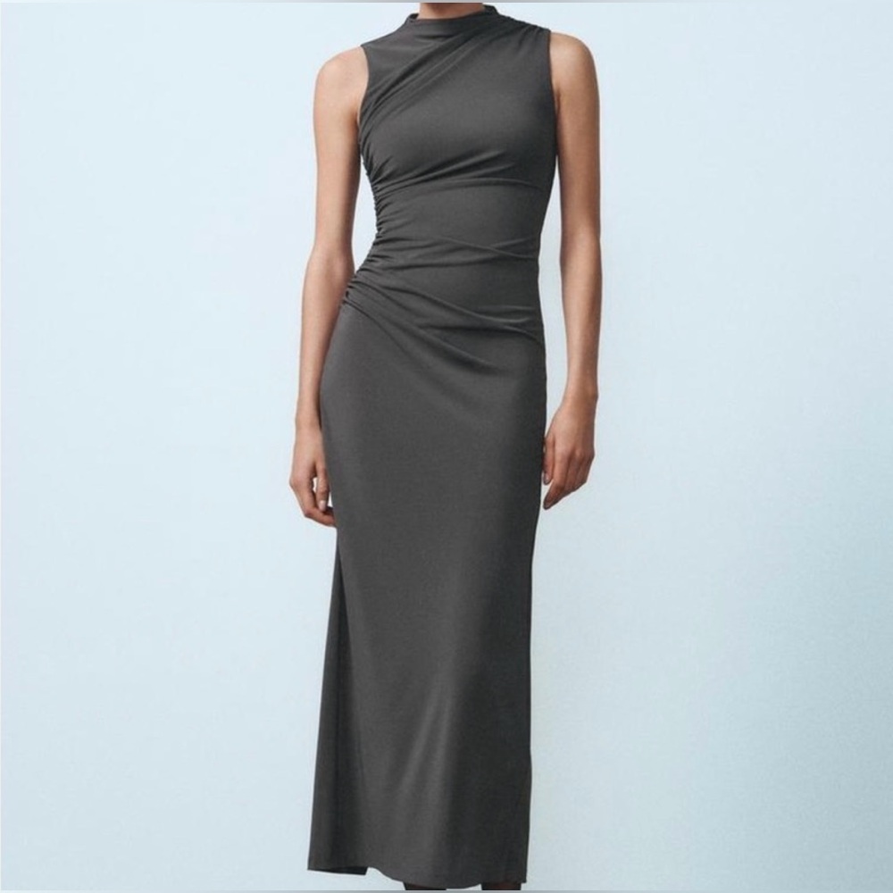 Zara Gray Asymmetrical Ruched Midi Dress